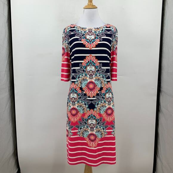 Eliza J Shift Dress Womens 8 Short Sleeve Floral Stripe Back Zip Lined Stretch - Picture 4 of 15